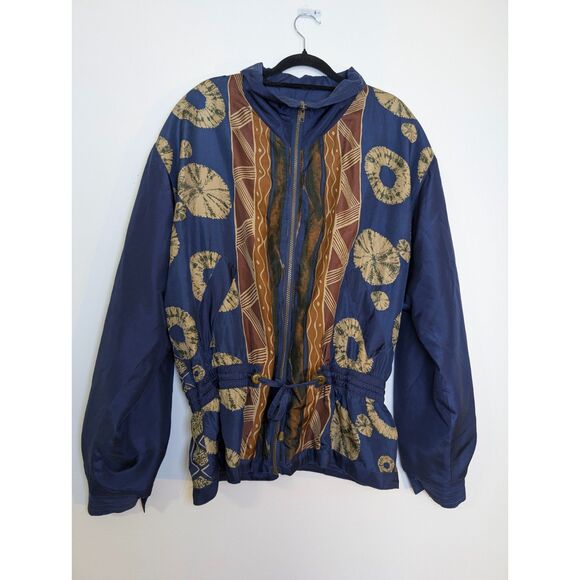 Vintage 80s Silk Windbreaker Jacket Abstract Print Blue Gold Lightweight M Retro - Picture 2 of 8
